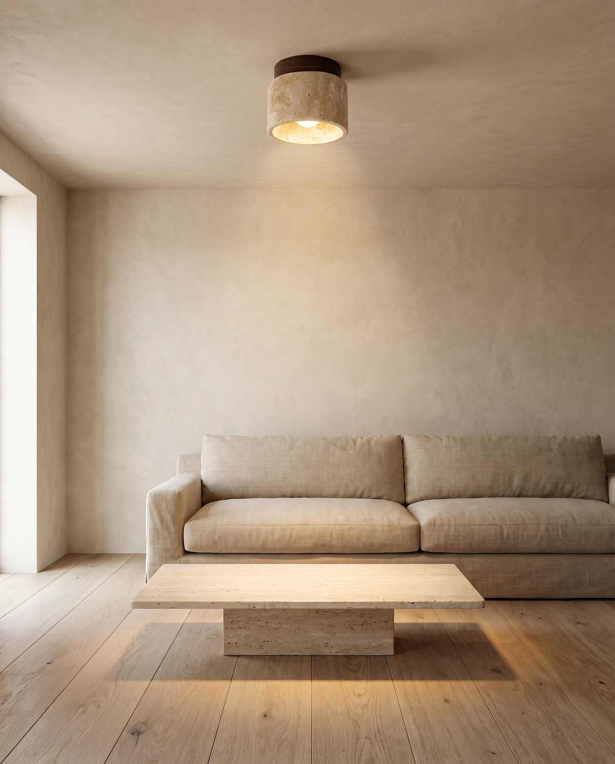 Luccio Cream Downlight Ceiling Lamp, surface mounted in a plaster and white oak living room