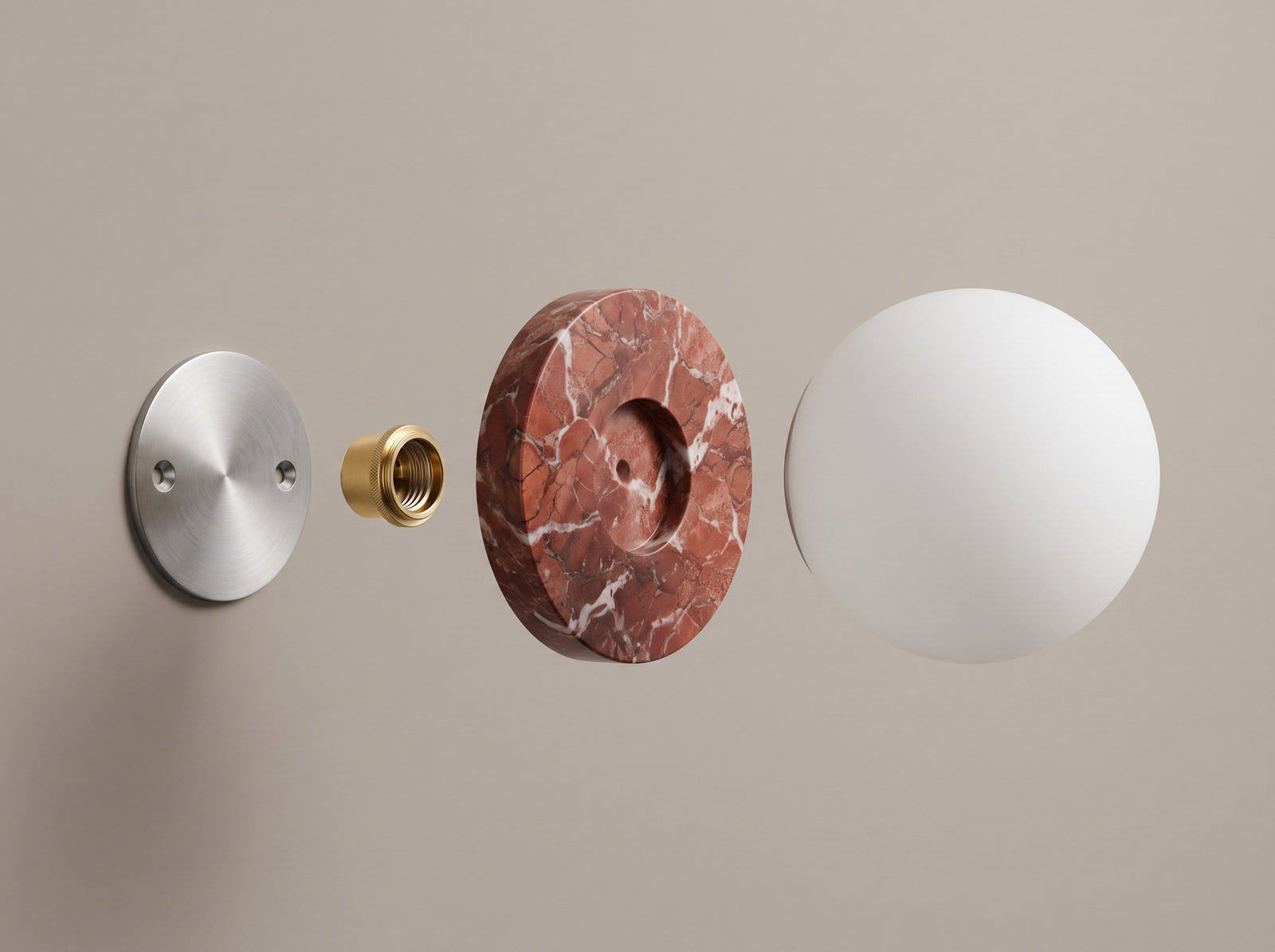 Steel mounting plate, brass socket collar, red breccia marble backplate and opal glass globe, laid out in order of assembly