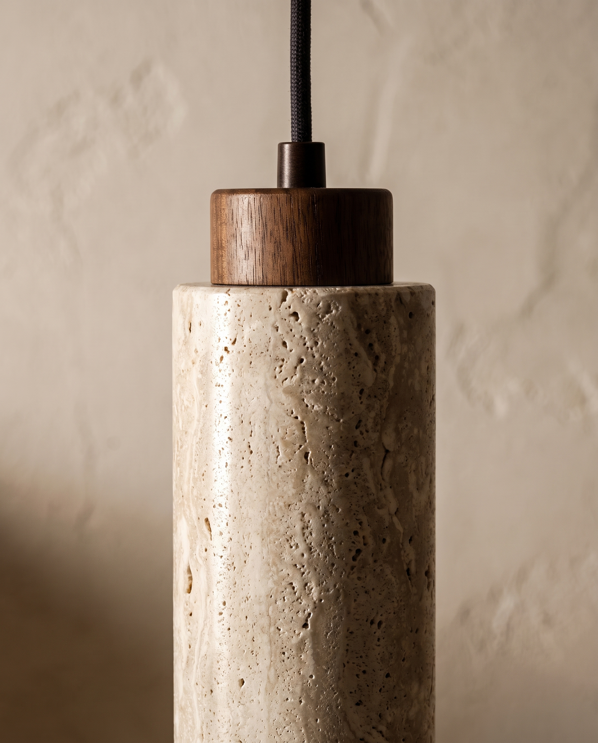 Luccio Column Mini Pendant Light, close detail of the travertine and walnut cap