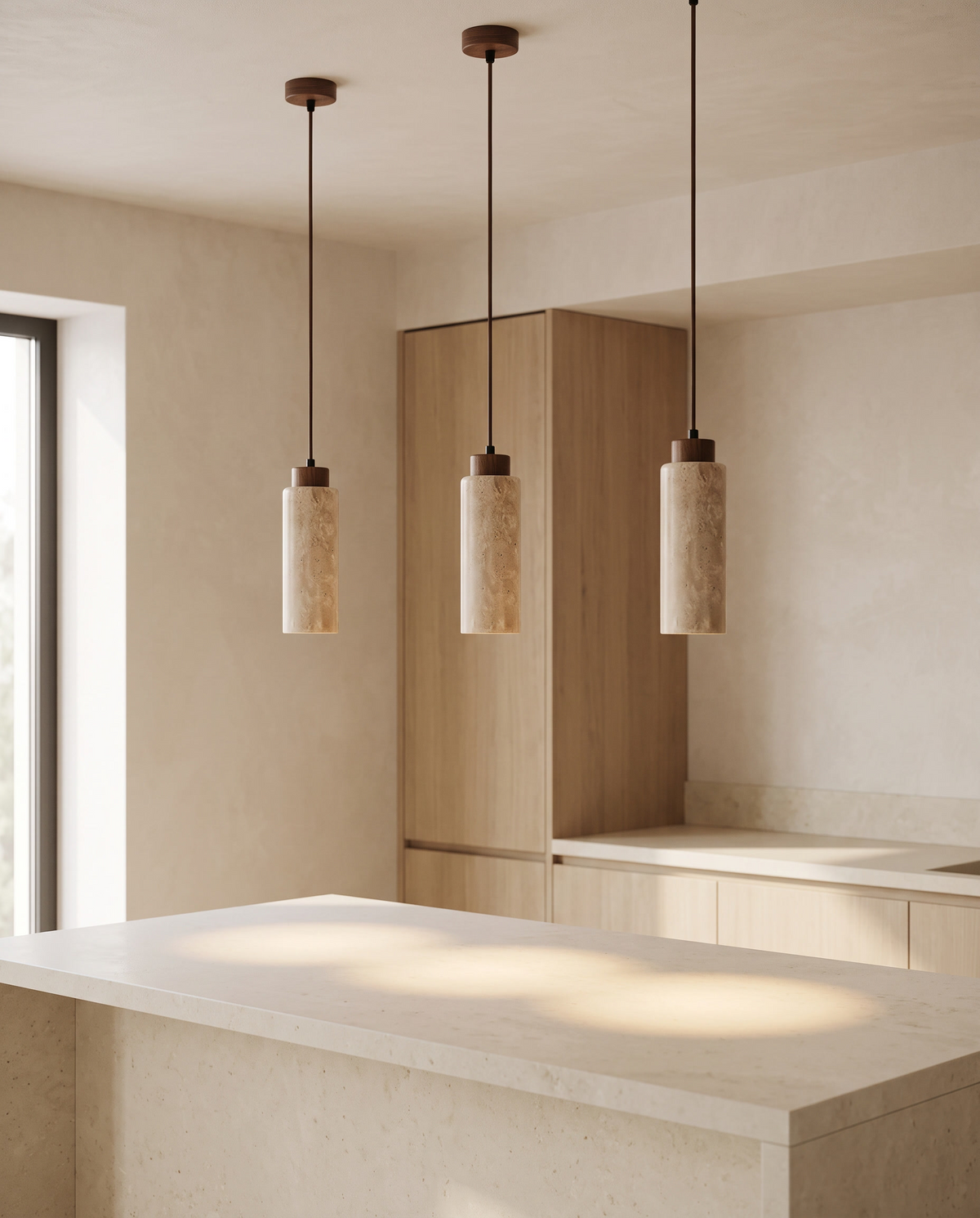 Luccio Column Mini Pendant Light, three round pendants above a stone kitchen island